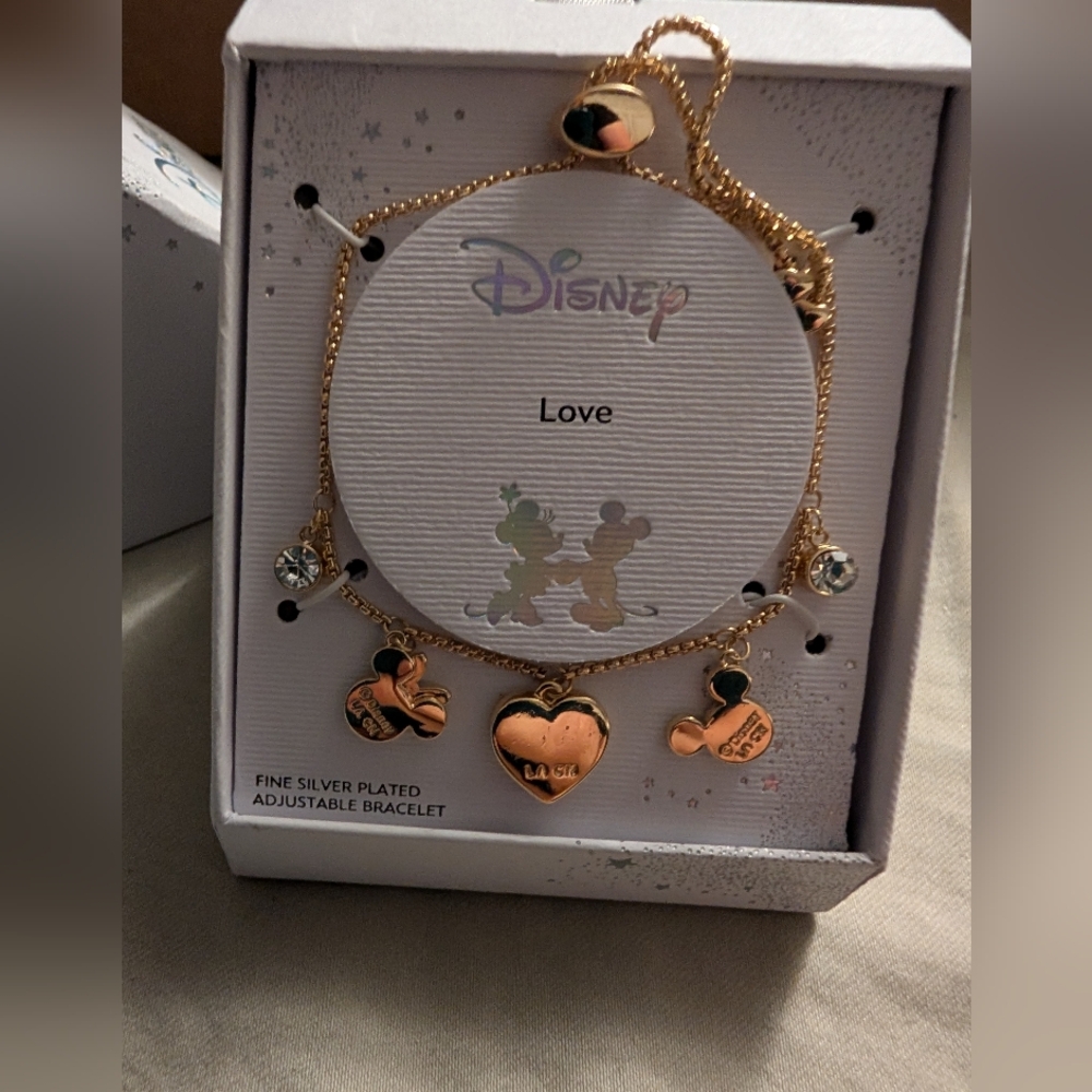 Disney Minnie Mickey Mouse Love Pendant Fine Silver Bracelet